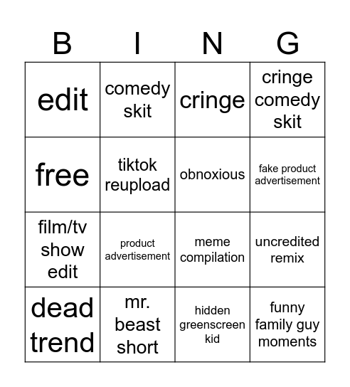 shorts bingo Card