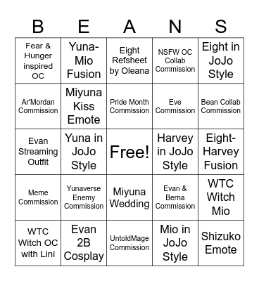 Chara Commission Bingo 2024 Bingo Card