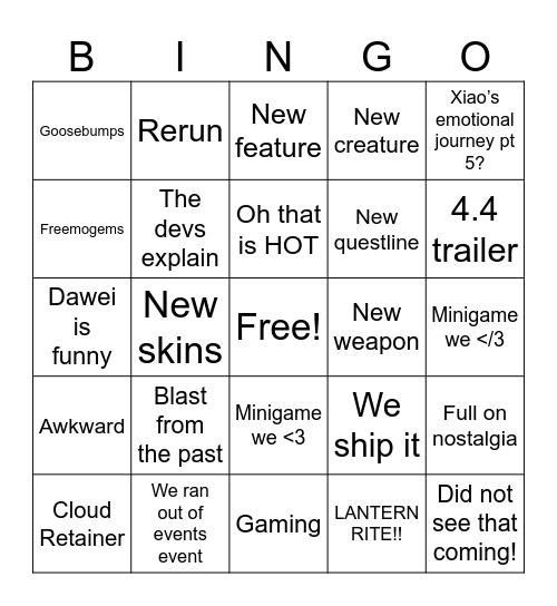 4.4 Livestream Bingo Card