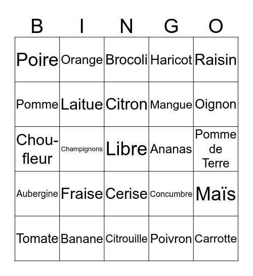 Fruits et Legumes Bingo Card