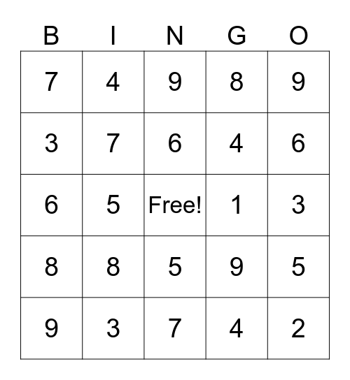 Bingo soustractions Bingo Card