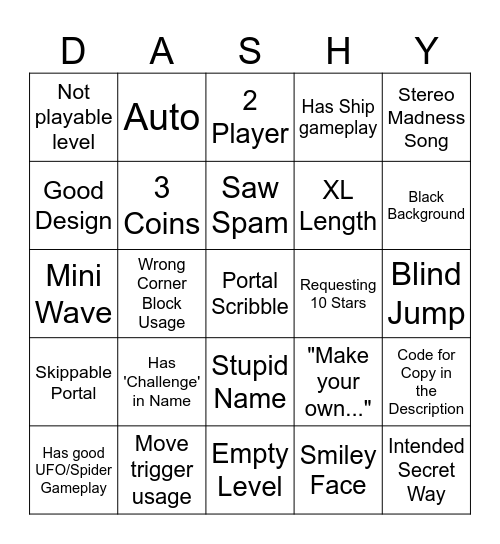 Geometry Dash Recent Tab Bingo Card
