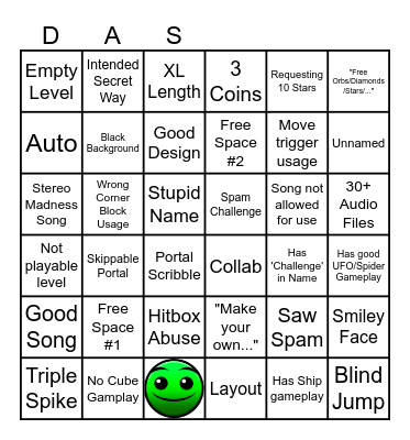 Geometry Dash Recent Tab Bingo Card