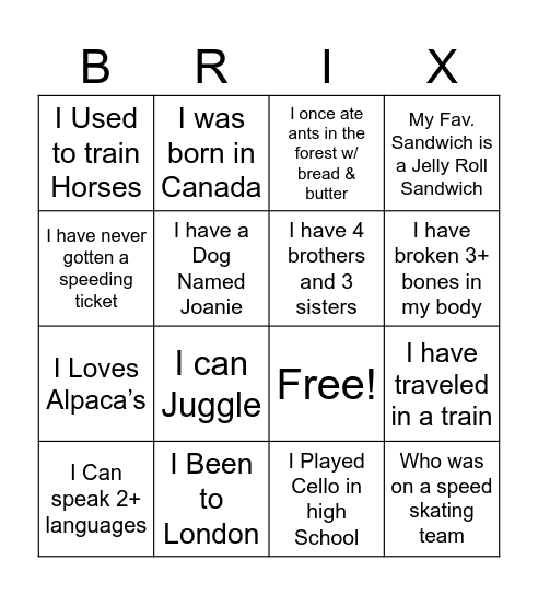 Brix Get to know Bingo Card