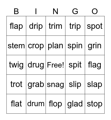 Short Vowel Review with Beginning Blends Bingo Card