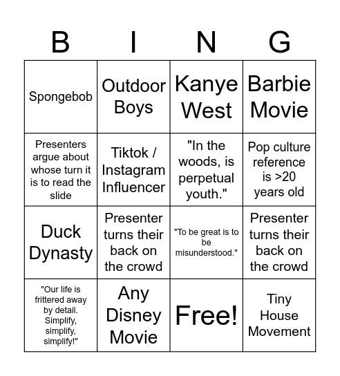 Transcendentalist Pop Culture Bingo Card