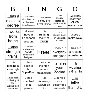 CUCB DMV Run Club Mixer Bingo Card