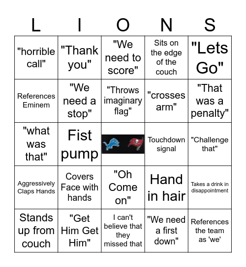 Lions vs Bucs BINGO Card