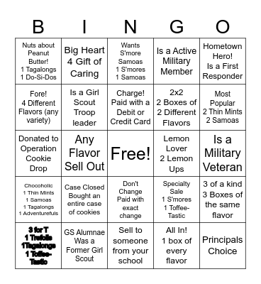 Girl Scout Cookie Booth Bingo Card