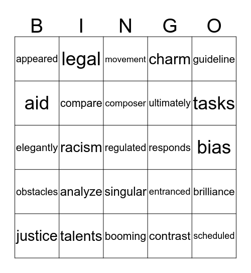 Vocabulary  Bingo Card