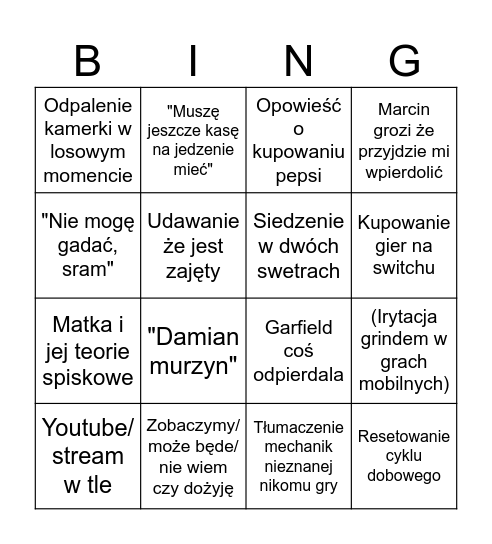 Marcinowe teksty BING Bingo Card