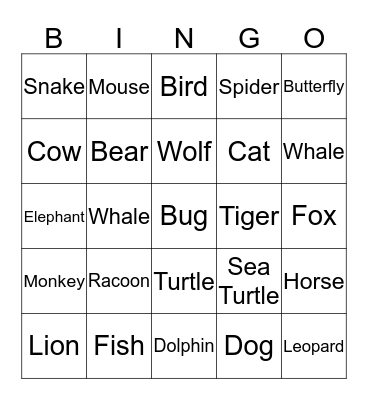 ANIMALS Bingo Card