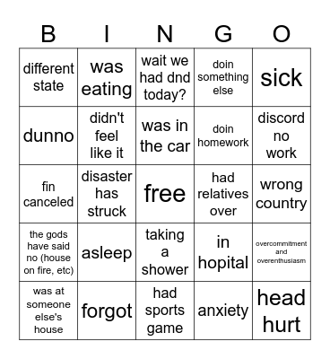 why aren't you at d&d Bingo Card