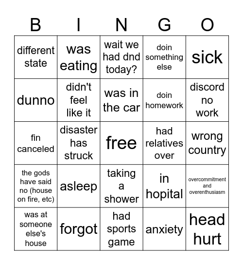 why aren't you at d&d Bingo Card