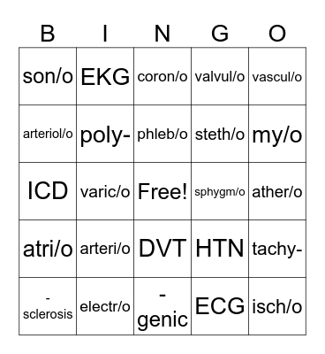 Cardiovascular System Bingo Card