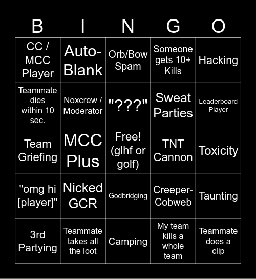 Sky Battle Bingo Card