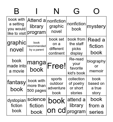 Teen Summer Reading Bingo Card