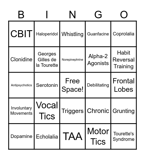 Tourette's Syndrome Bingo Card