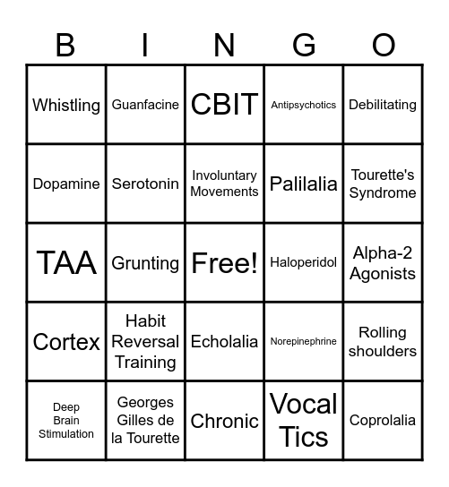 Tourette's Syndrome Bingo Card
