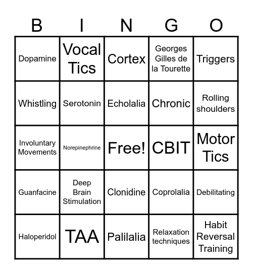 Tourette's Syndrome Bingo Card