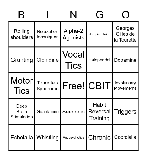 Tourette's Syndrome Bingo Card