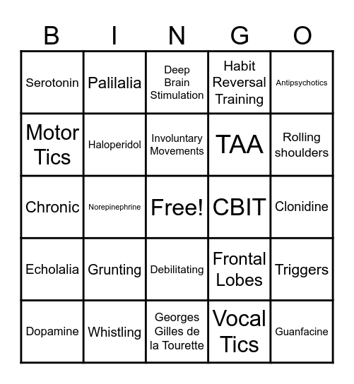 Tourette's Syndrome Bingo Card