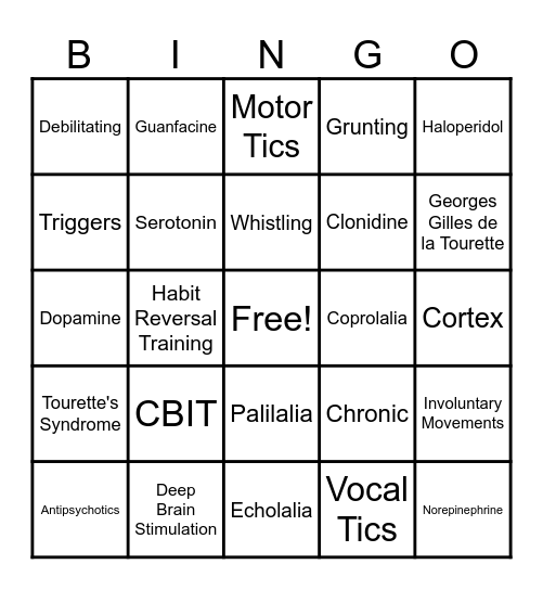 Tourette's Syndrome Bingo Card