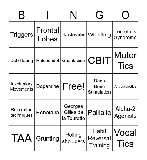 Tourette's Syndrome Bingo Card