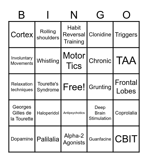 Tourette's Syndrome Bingo Card