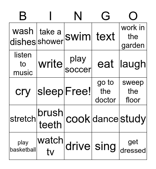 Activities Bingo Card