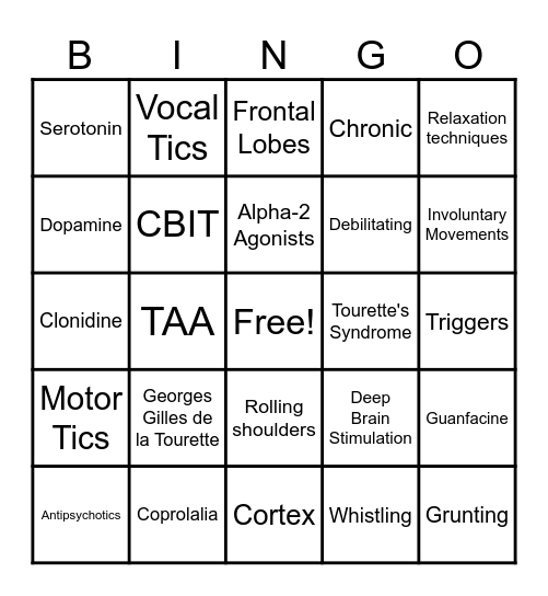 Tourette's Syndrome Bingo Card