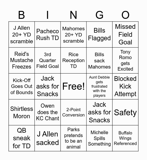 Chiefs Division Round Bingo Card