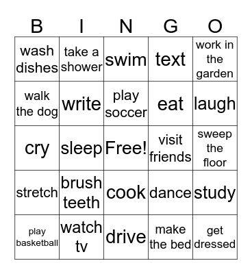 Activities Bingo Card