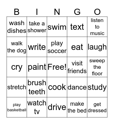 Activities Bingo Card