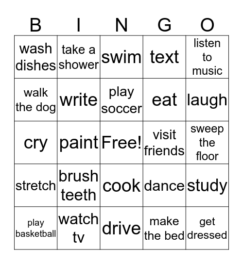 Activities Bingo Card