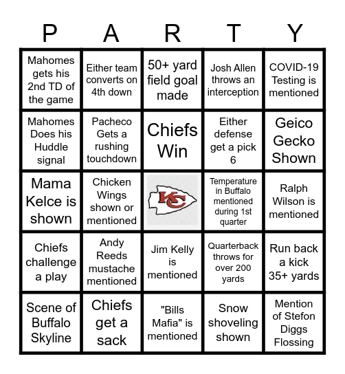 Chiefs vs Bills Play-off Party Bingo Card