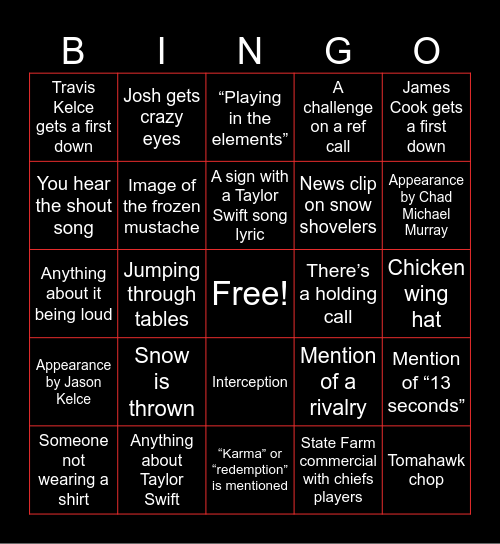 Bills Vs. Chiefs BINGO Card