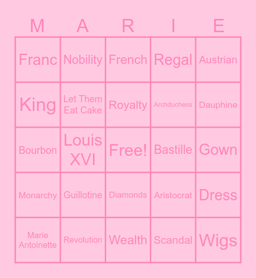 Marie Antoinette Bingo Card