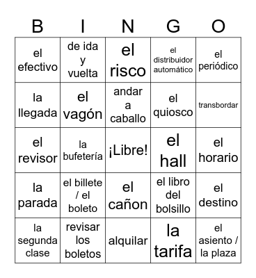 Vocabulario: En Tren Bingo Card