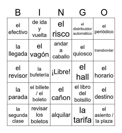 Vocabulario: En Tren Bingo Card