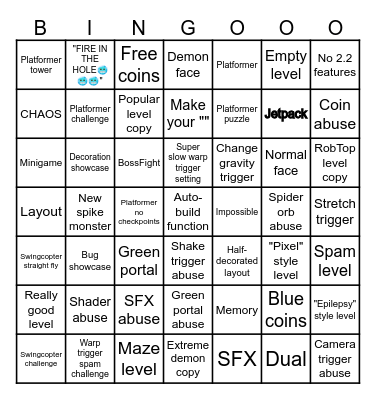 Geometry Dash 2.2 Recent Tab Bingo by Fr1man Bingo Card