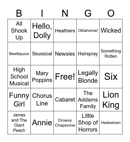 Musical Theatre Bingo Card