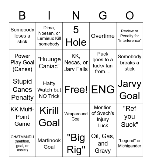 Canes 1/21 Bingo! Bingo Card