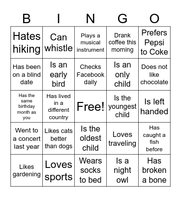 Get to Know You Bingo Card