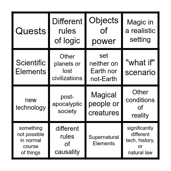 Sci Fi, Fantasy, Speculative Fiction Bingo Card