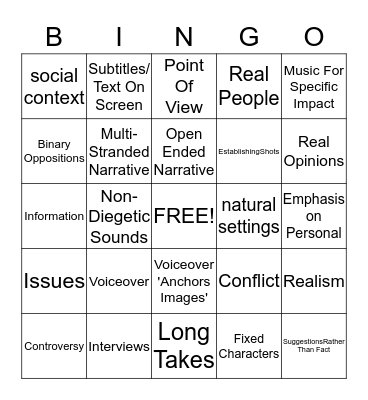 DOCUMENTARY GENERIC CONVENTIONS Bingo Card