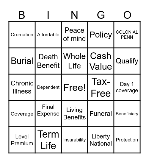 Final Expense Bingo Card