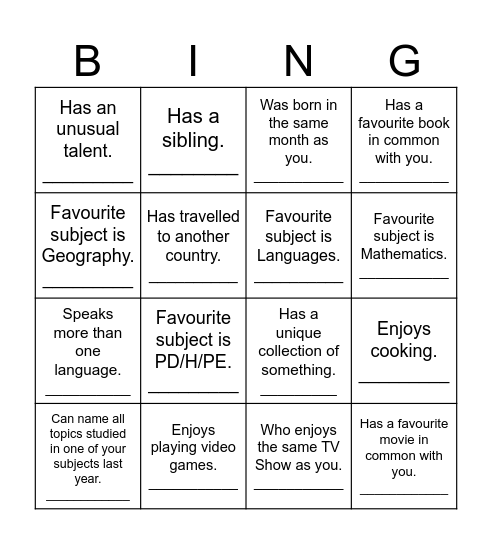 Getting to Know Your Classmates Bingo! Find someone who... Bingo Card