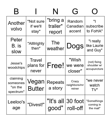 Family Meeting Bingo Card