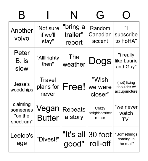 Family Meeting Bingo Card